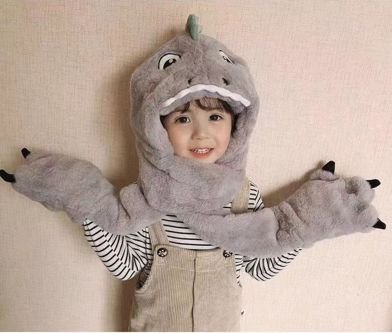 Chapeau en peluche et gants de dinosaure
