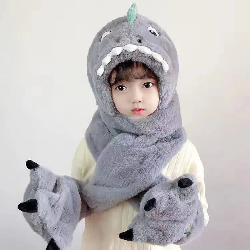 Chapeau en peluche et gants de dinosaure