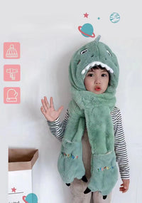 Chapeau en peluche et gants de dinosaure