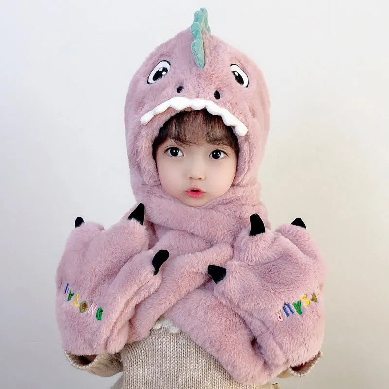 Chapeau en peluche et gants de dinosaure