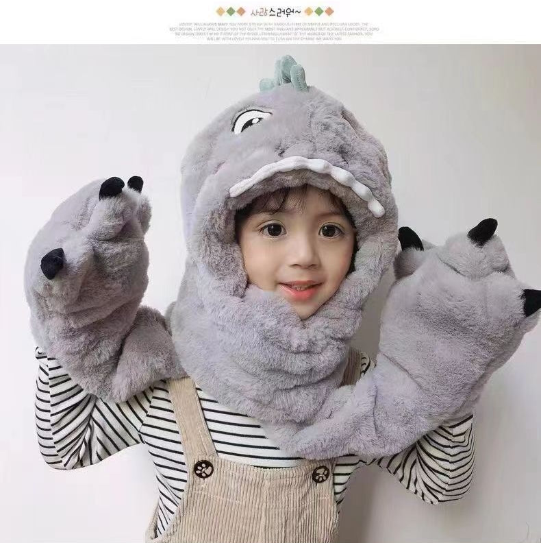Chapeau en peluche et gants de dinosaure